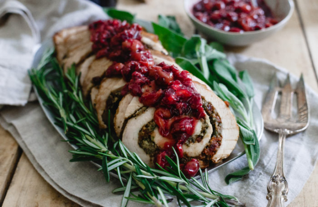 Tart Cherry Chestnut Stuffed Turkey Roulade